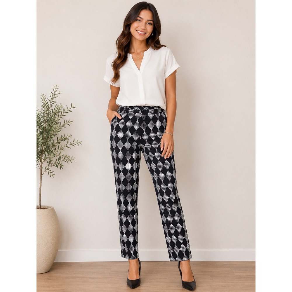 Cider Black White Argyle Houndstooth High Waisted Straight Leg Trousers Small